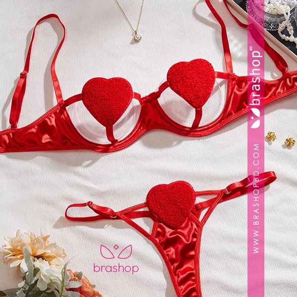Valentine Boudoir Lingerie Set PushUp Open Bra Heart Design Lace Trim Seductive Underwear for Women